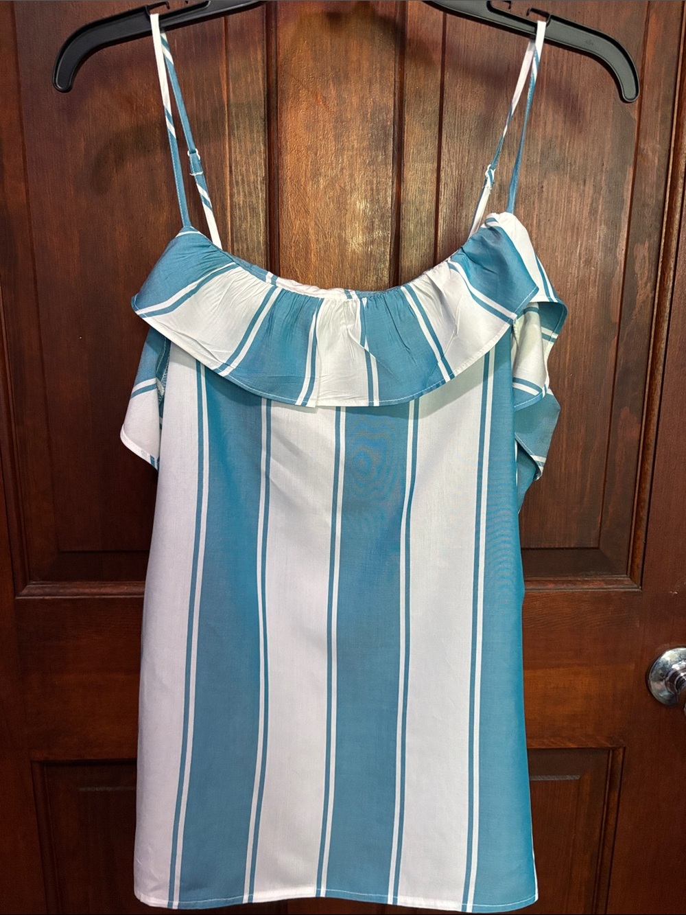 Old Navy Teal and White Vertical Stripe Off-Shoulder Top